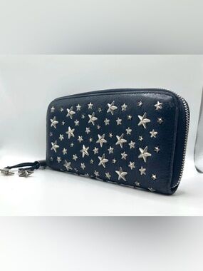 Jimmy Choo Filipa Star Studded Zip Around Wallet Navy Leather